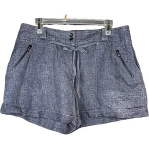 100% Linen Blue Tweed Zip Fly Button Belted Shorts Zip Pockets Elastic Waist